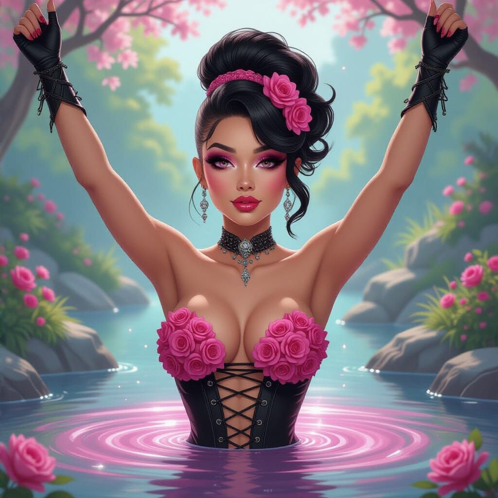 Black Goddess Rising from Pond in Pop Art Style