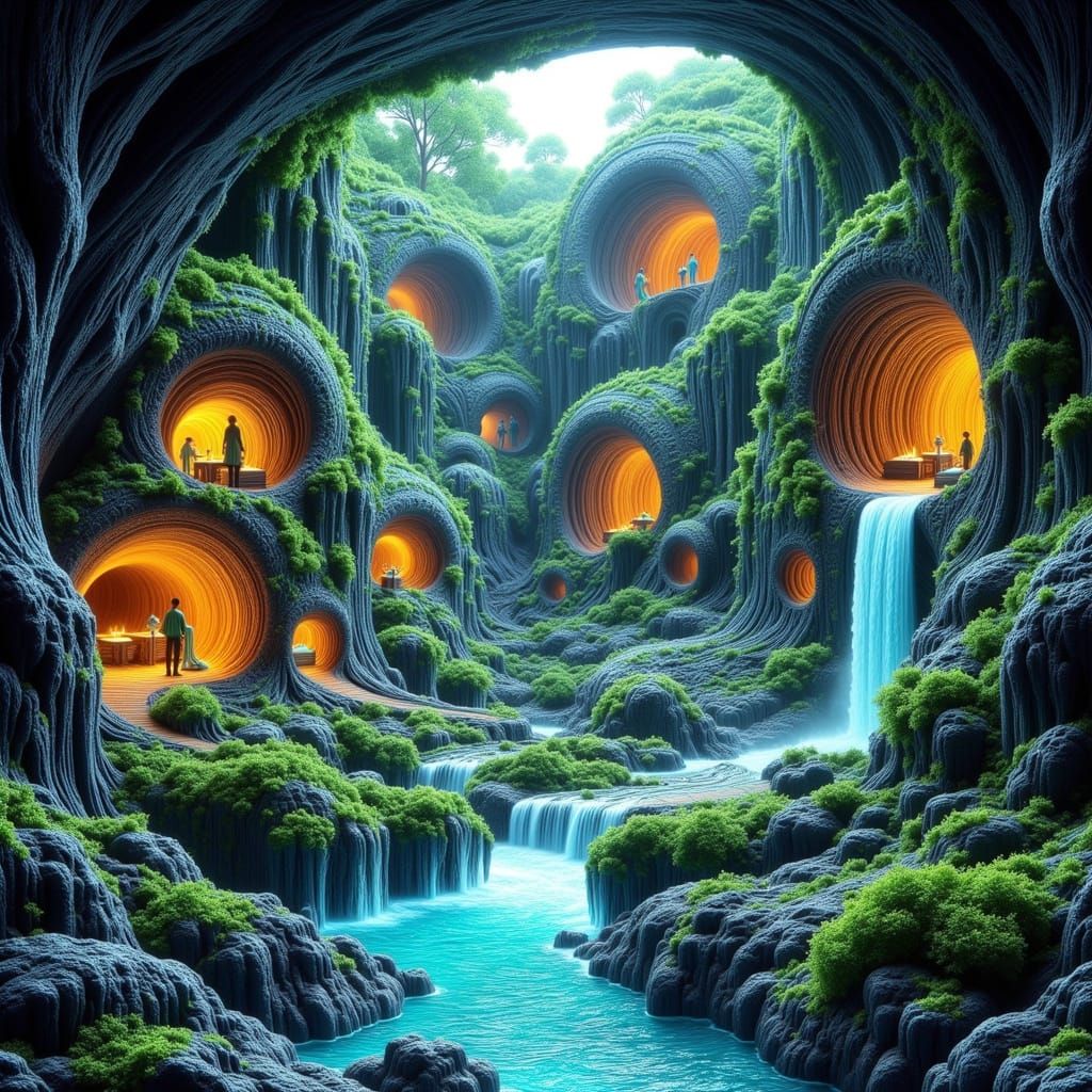 Ethereal Solarpunk Oasis Amidst Glowing Crystal Caves