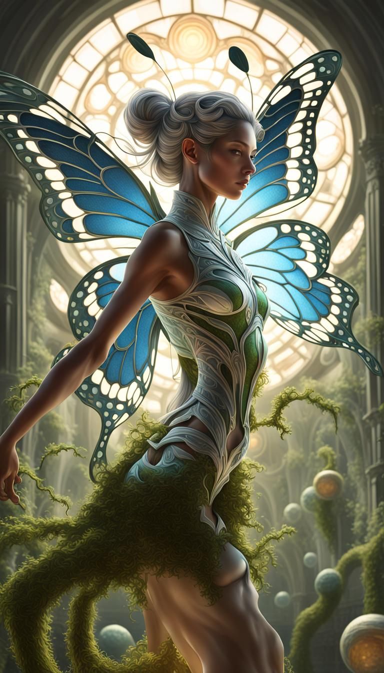 Moss-Adorned Figure in Marshy Art Nouveau Landscape