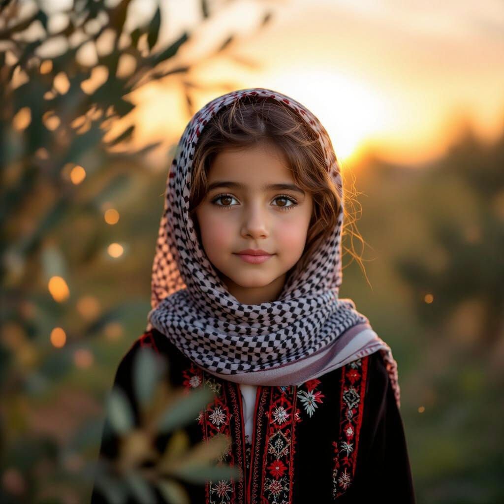 Palestinian Girl in Olive Field at Sunset