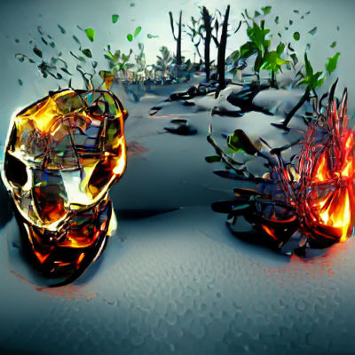 Fiery Glass Skull in Burning Forest, 8K Render