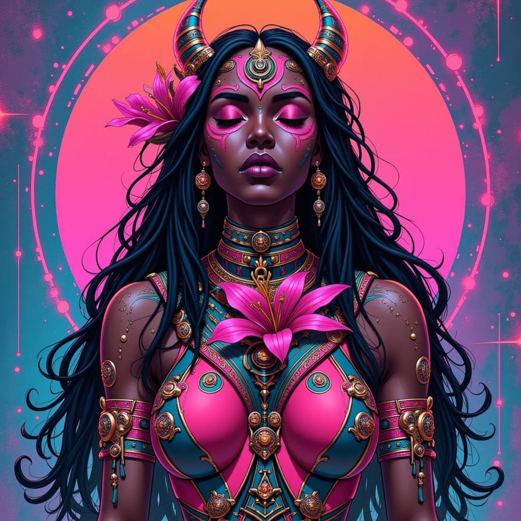 <lora:Female Heavy Armor:1.0> futuristic tribal woman with locs, black and pink face paint, closed eyes, large lily flow...