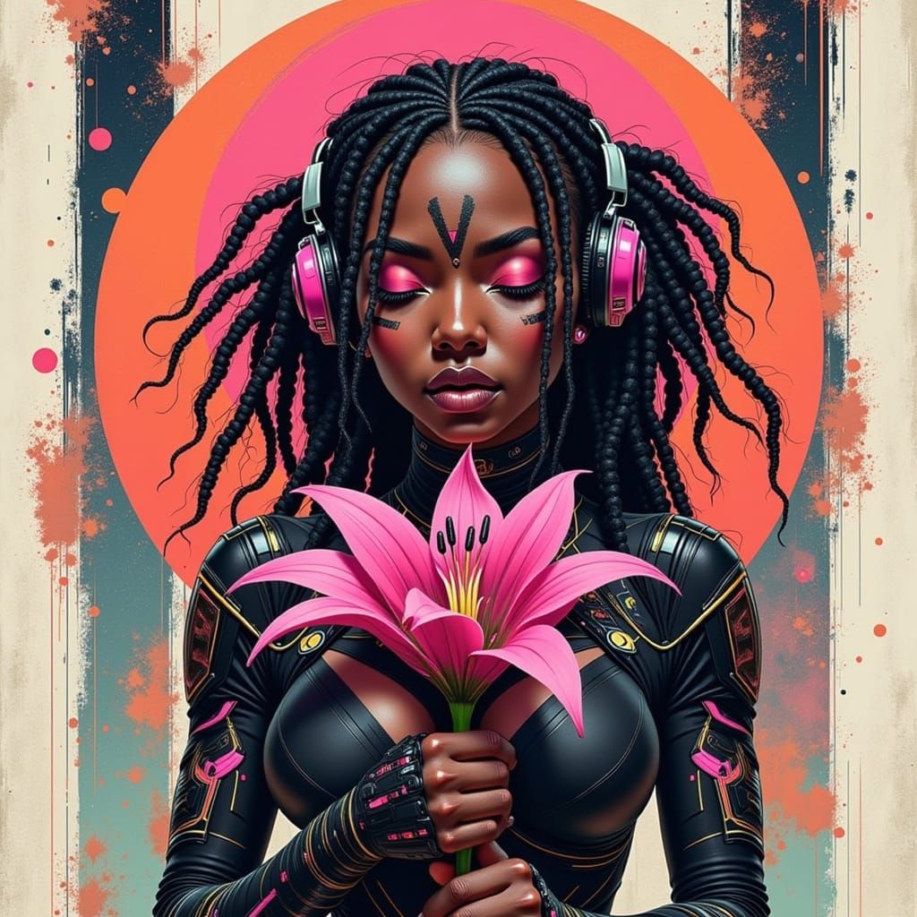 <lora:Female Heavy Armor:1.0> futuristic tribal woman with locs, black and pink face paint, closed eyes, large lily flow...