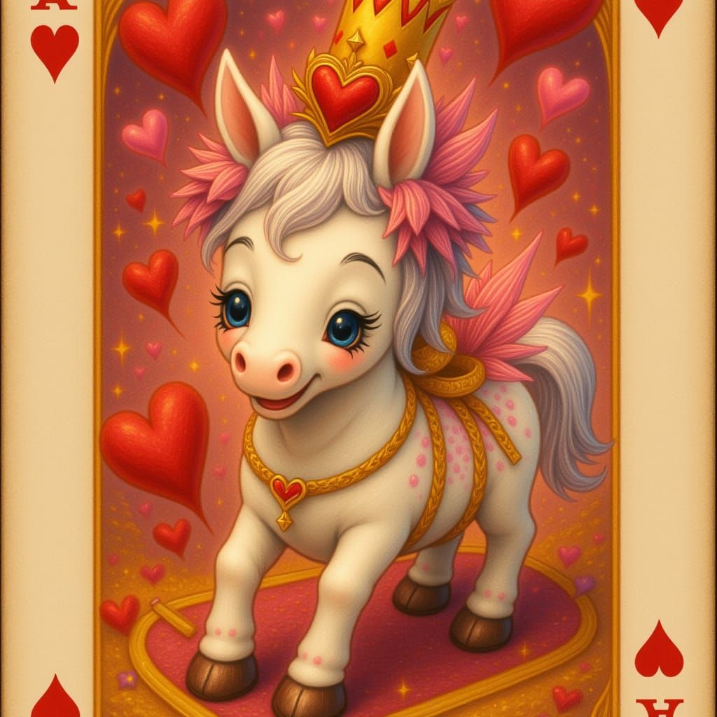 Queen of Hearts Playing Card with White Pony in Pink Attire