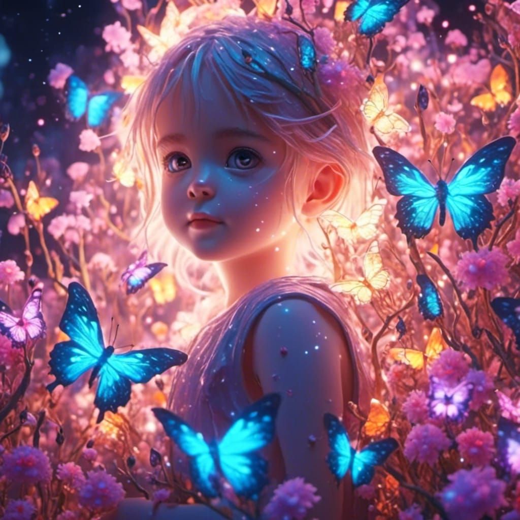 Bioluminescent Butterfly and Flowers in Volumetric Lighting