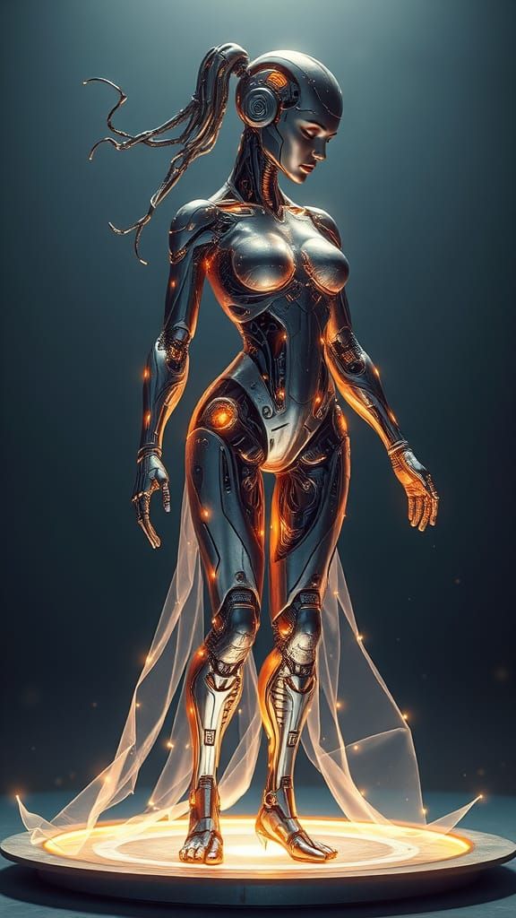 Elegant Titanium Goddess with Glowing Energy and Invisible M...