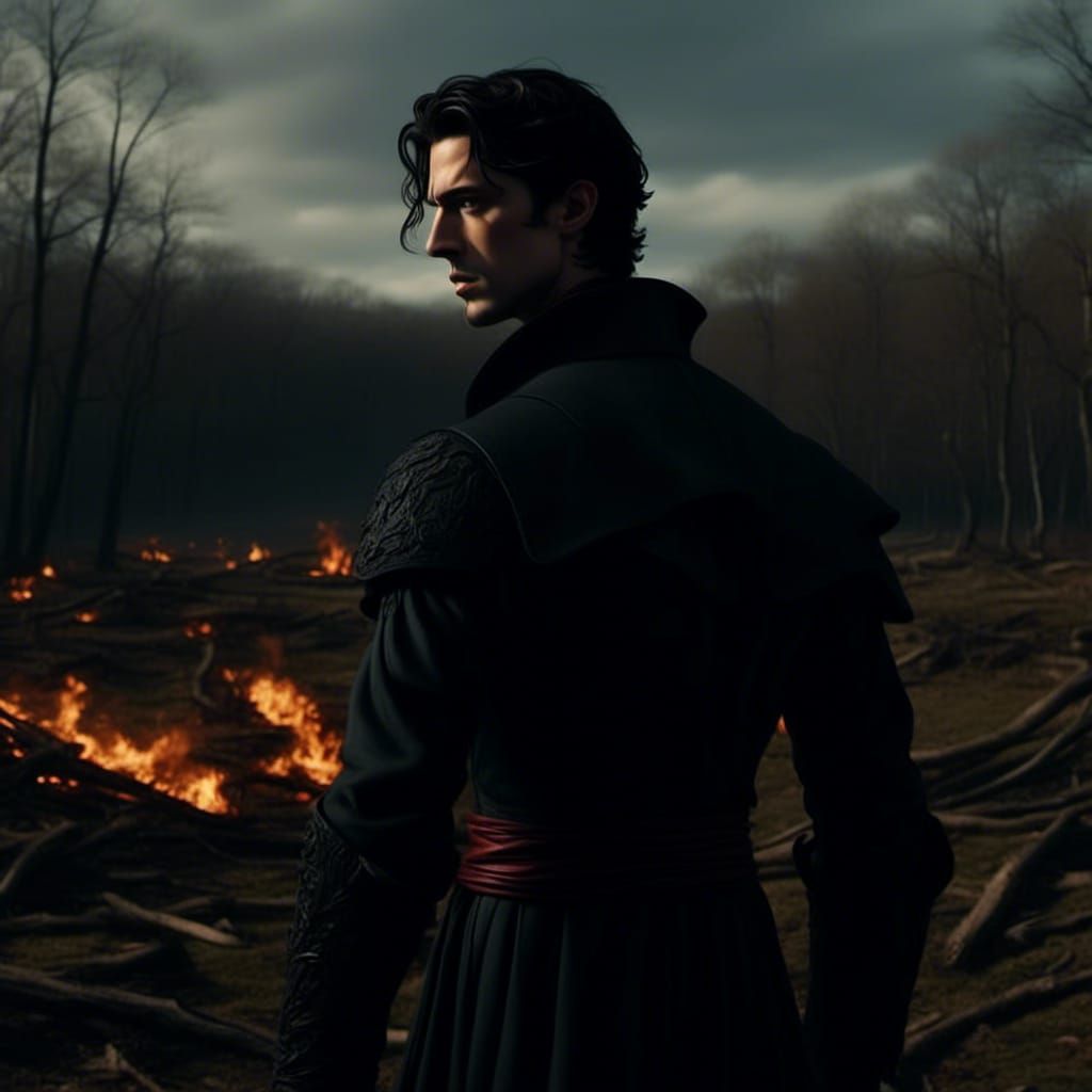 Hades Observes Scorched Field in Hyperrealism