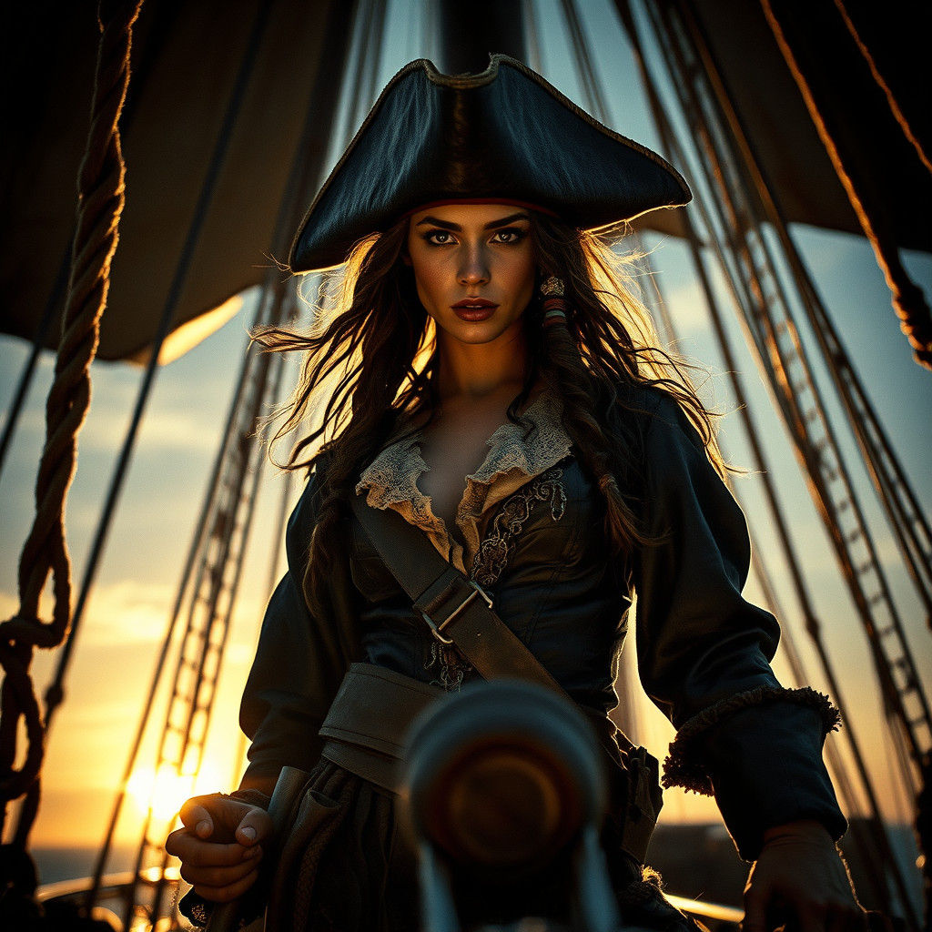 Fierce Pirate Woman on Galleon at Sunset