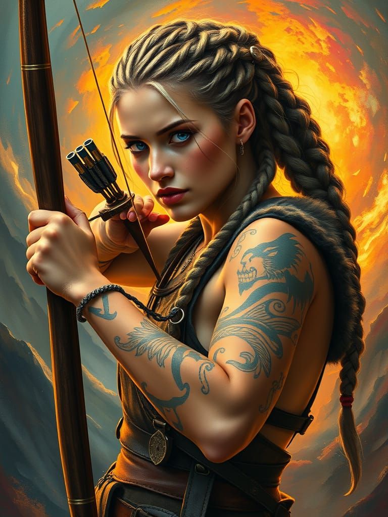 Viking Warrior Woman with Braided Hair and Tattoos