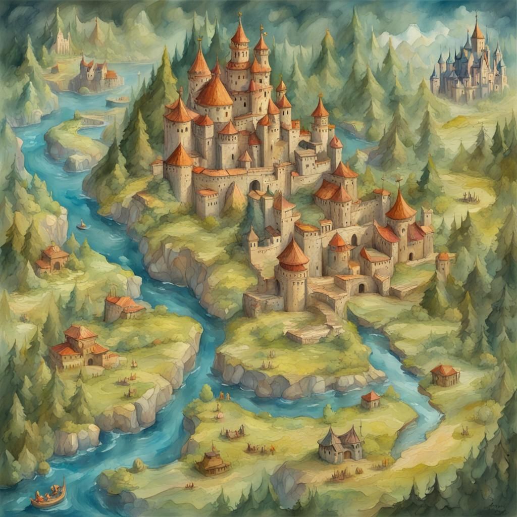 Detailed Fantasy Map in Gouache Watercolor Style