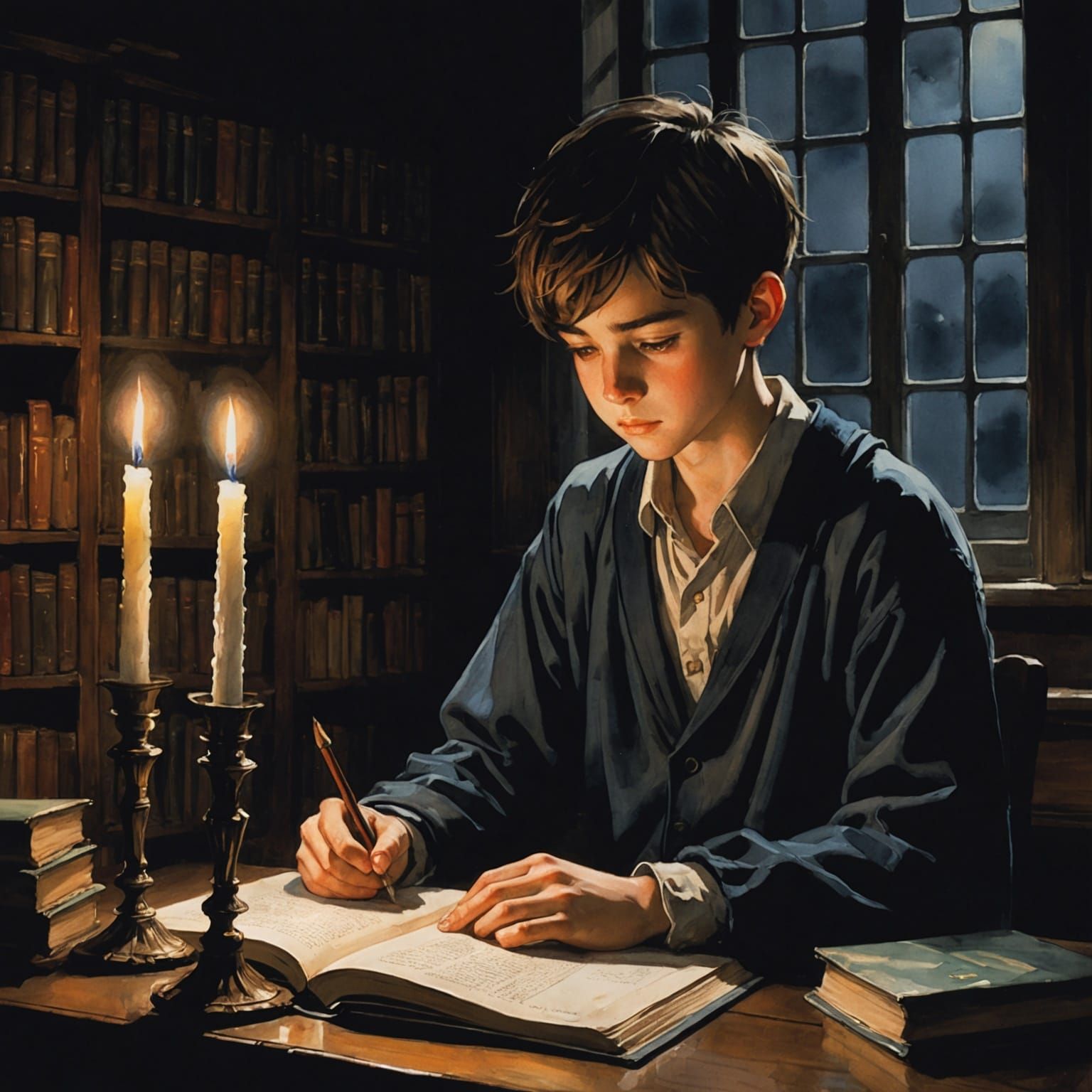 Anime Scholar Reads by Candlelight in Watercolor Style