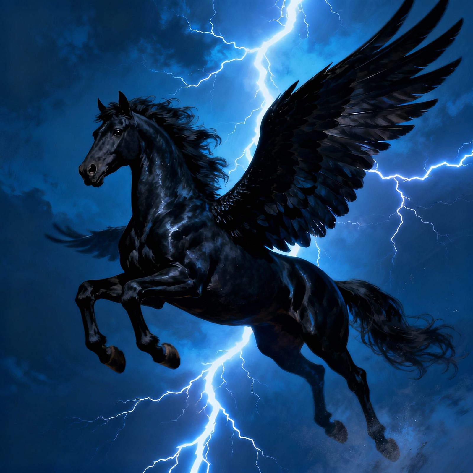 Black Pegasus Flying Amidst Lightning Storm
