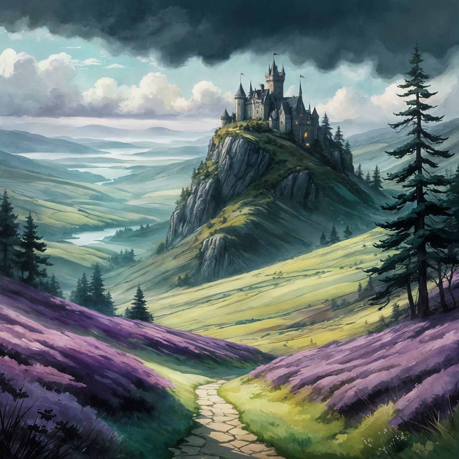 Whimsical Scottish Highlands Castle Scene in Dreamy, Arthur...