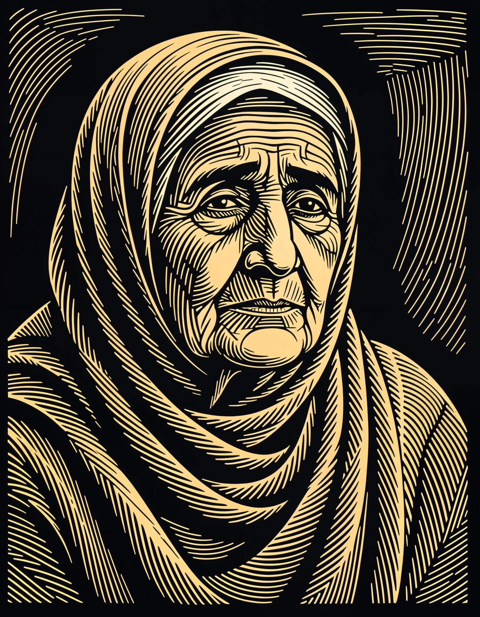 Wise Elder Palestinian Woman Woodcut Portrait