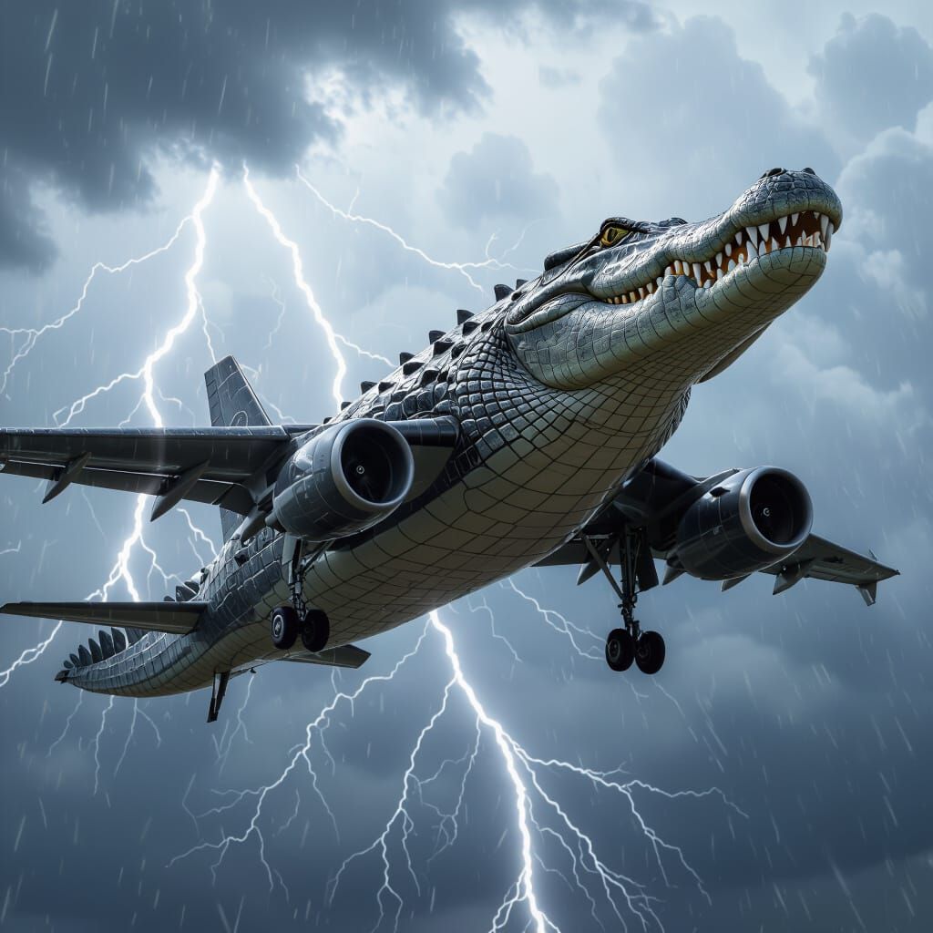 Photorealistic Crocodile Plane in Stormy Sky