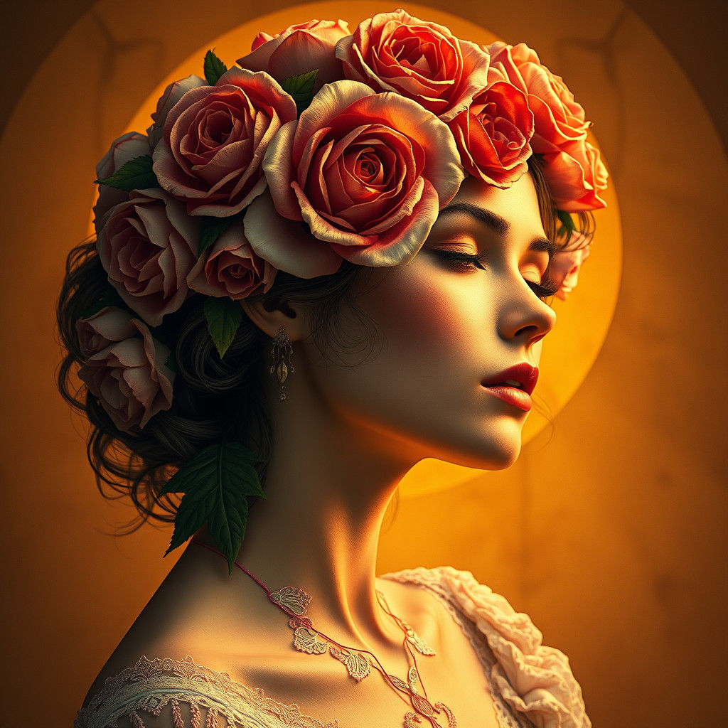 Rose-Adorned Woman in Art Nouveau Style