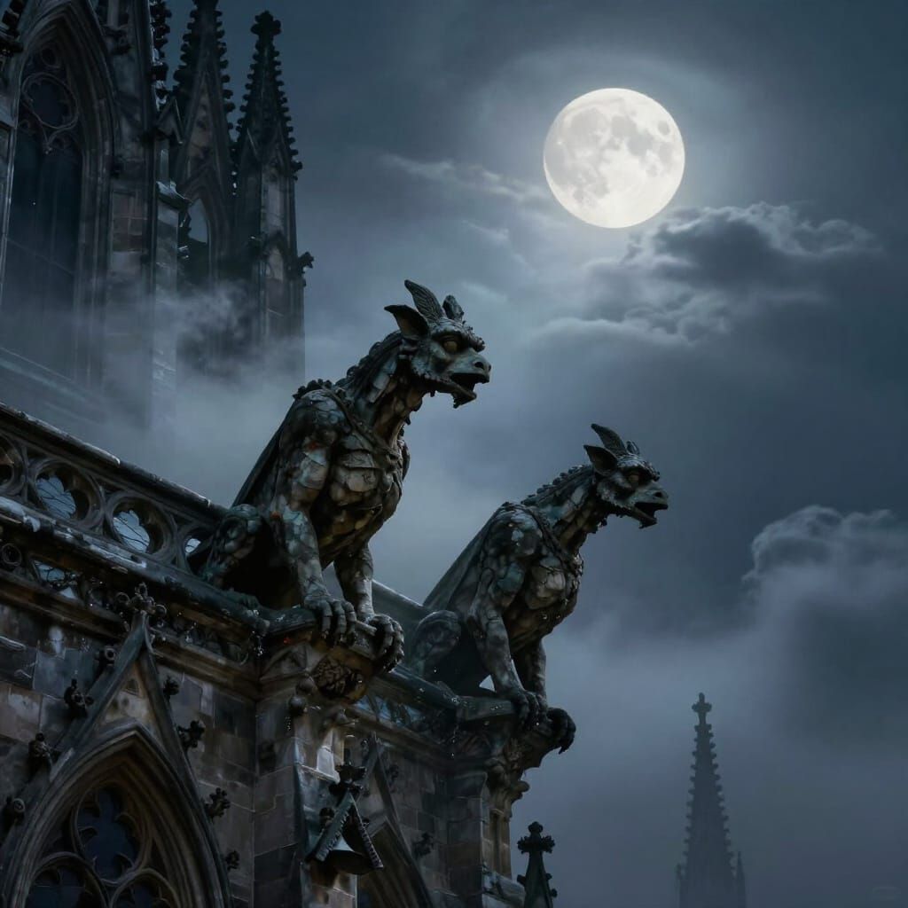 Gothic Gargoyles Watch Over Cathedral At Night