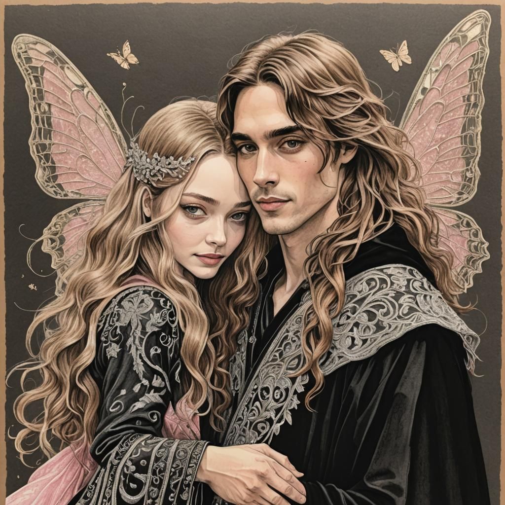 Young Prince and Fairy Princess: Pen and Ink Drawing