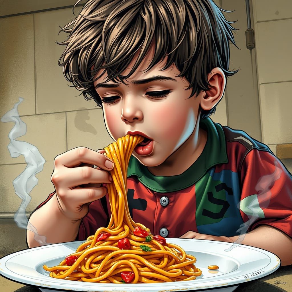 Boy Slurping Spaghetti: Hyperrealistic Comic Book Art