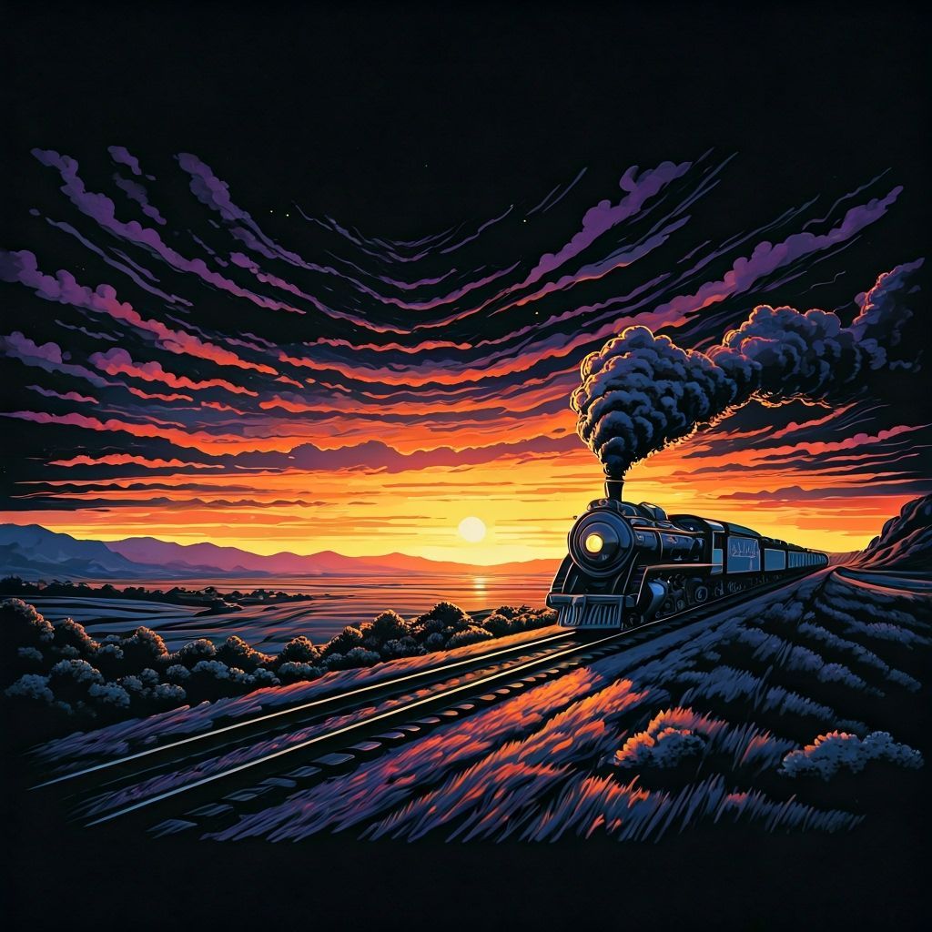 Futuristic Train Speeds Through Sunset Landscape