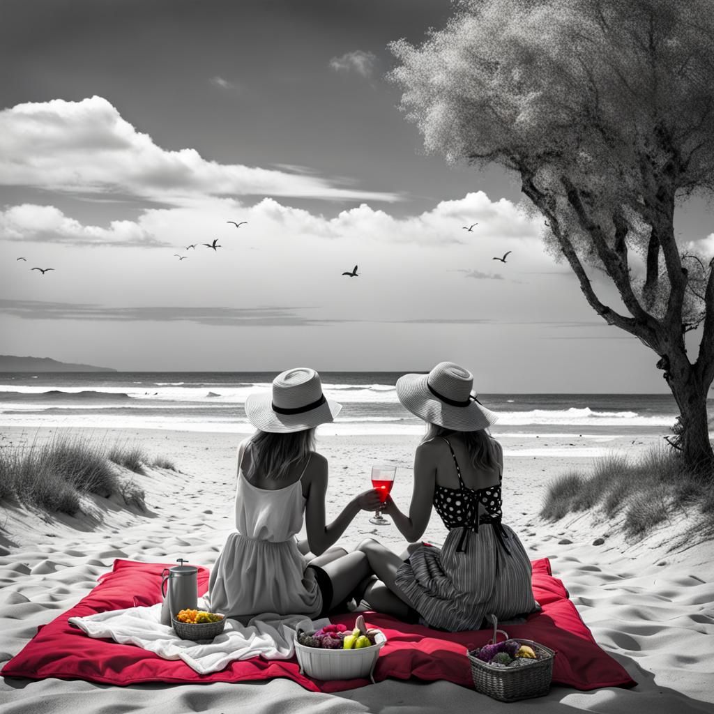 Lesbian Beach Picnic in Selective Color Concept Art