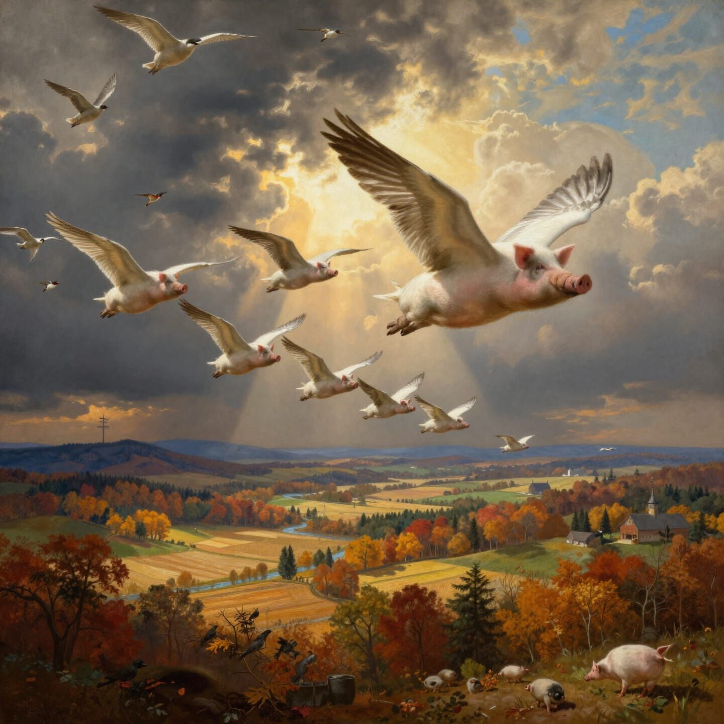 Epic Oil Painting of Winged Pigs Migrating in Autumn