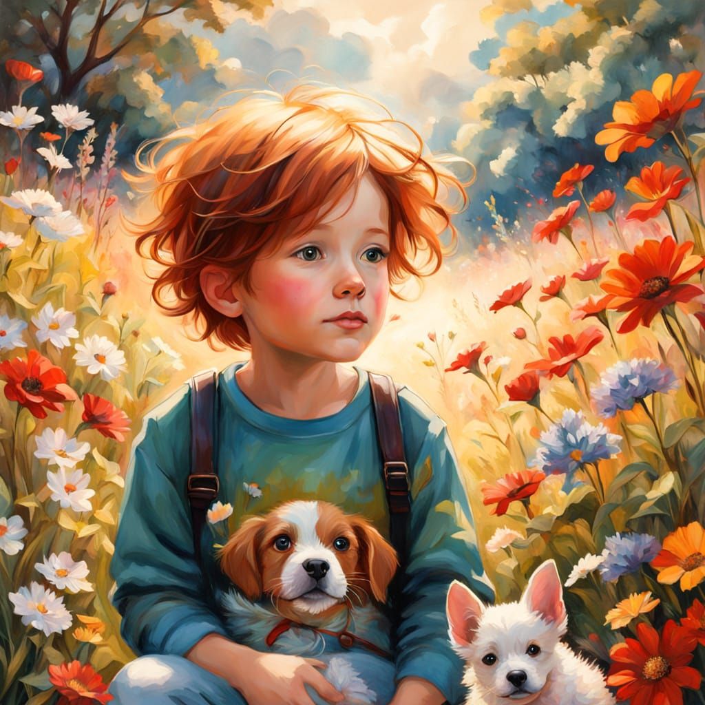 Whimsical 3-Year-Old Boy in Vibrant Wildflower Meadow