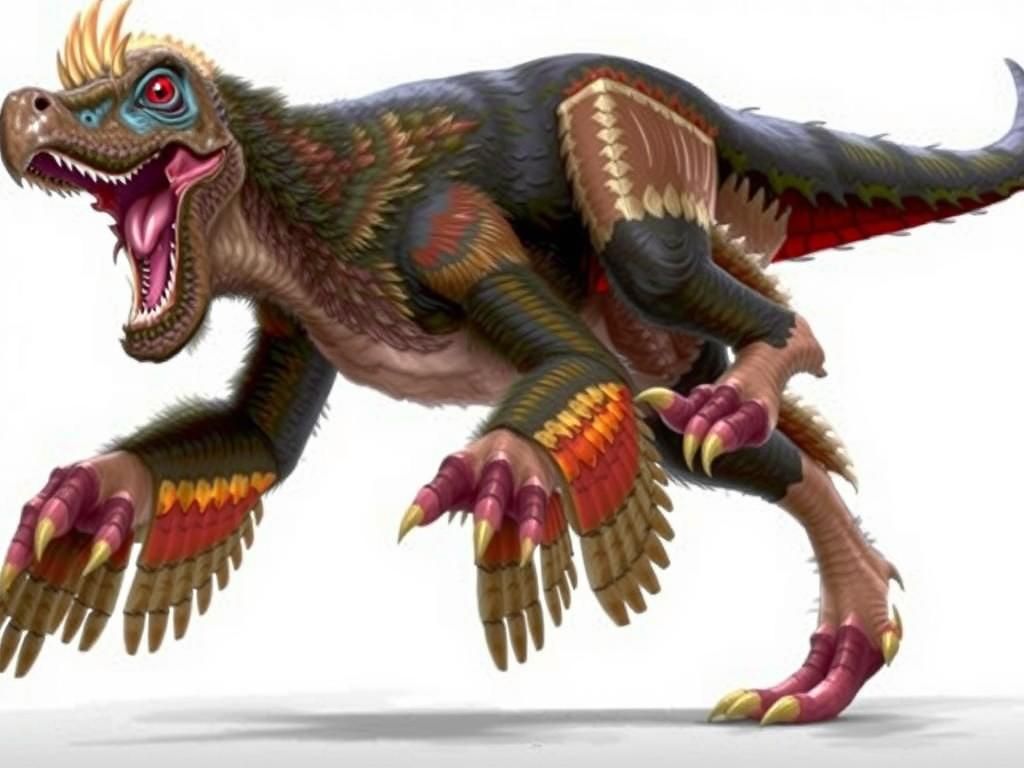 Dino, Velociraptor, Turkey Hybrid Animal, Mouth Open, Sharp Teeth Showing, looking forward on the attack.