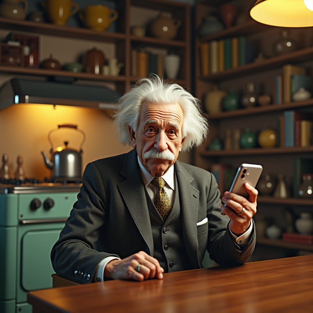 Einstein Ponders a Smartphone in 1950s Kitchen