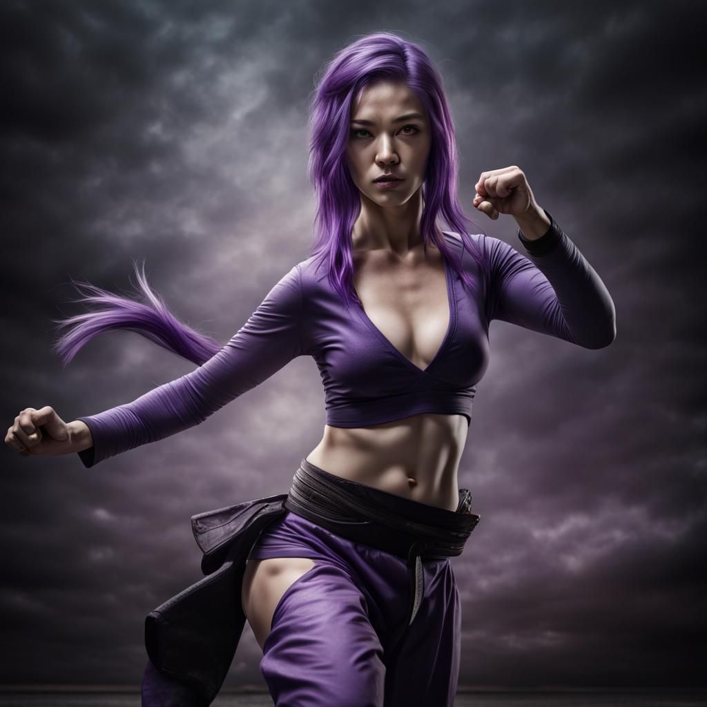 Violet-Haired Martial Artist in Hyperrealistic Style