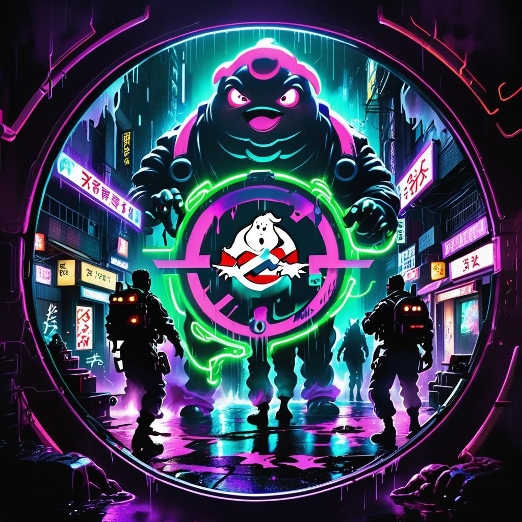 Ghostbusters Battle Ghosts in Cyberpunk Cityscape