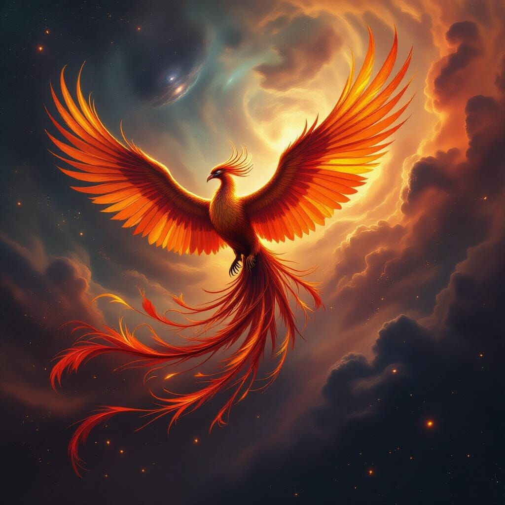 Majestic Phoenix of Gold and Fire Soars Through Cosmic Nebul...