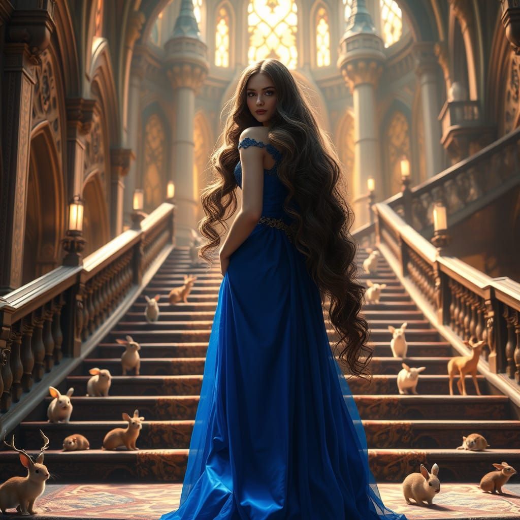 Elegant Woman Surrounded by Whimsical Creatures in Majestic...