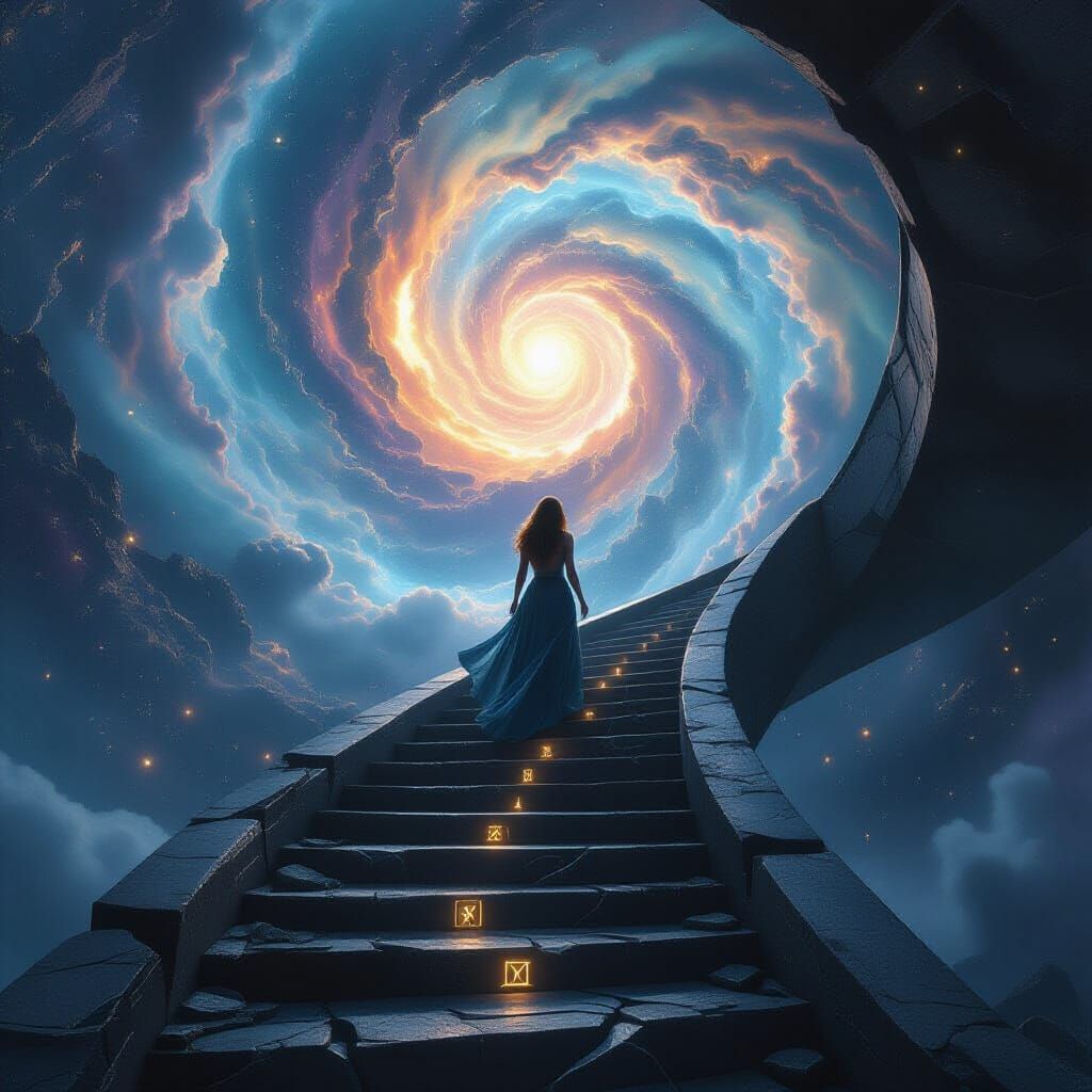 Mystical Woman Ascends Stardust Staircase into Galaxy Vortex
