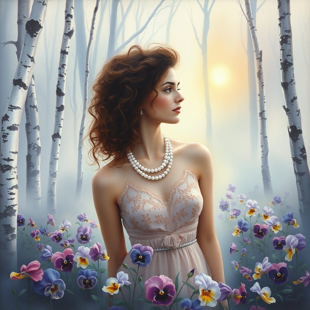 Dreamlike Woman in Foggy Forest, Wet Watercolor Art