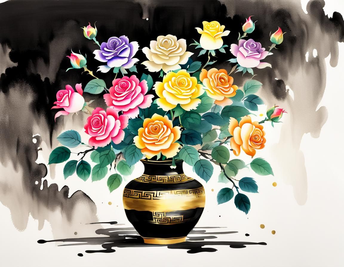 Rainbow Roses in Vase, Chinese Ink Painting