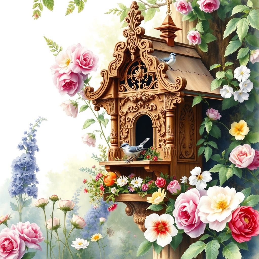 Majestic Birdhouse in Floral Garden, Watercolour Painting