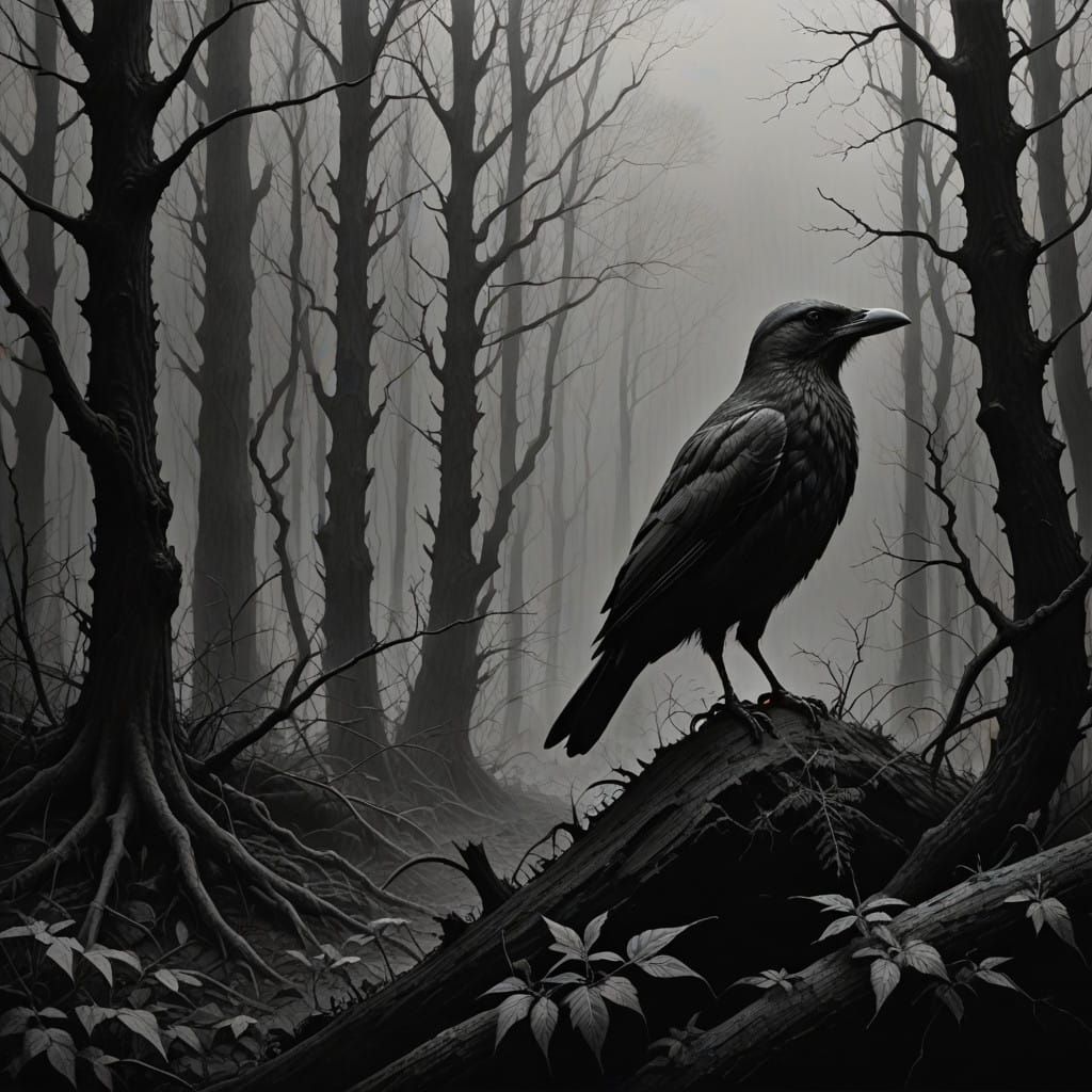 Mysterious Raven Silhouette in Dark, Moody Landscape