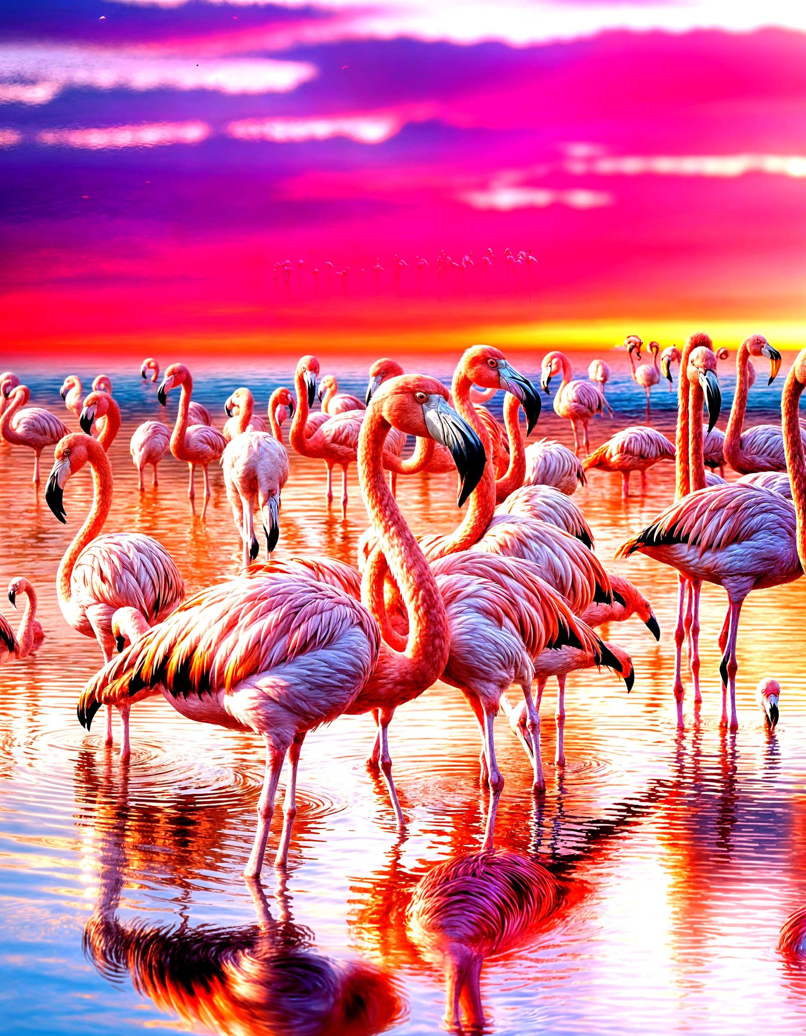Flamingos Optical Illusion in Sunset, 3D Illustration