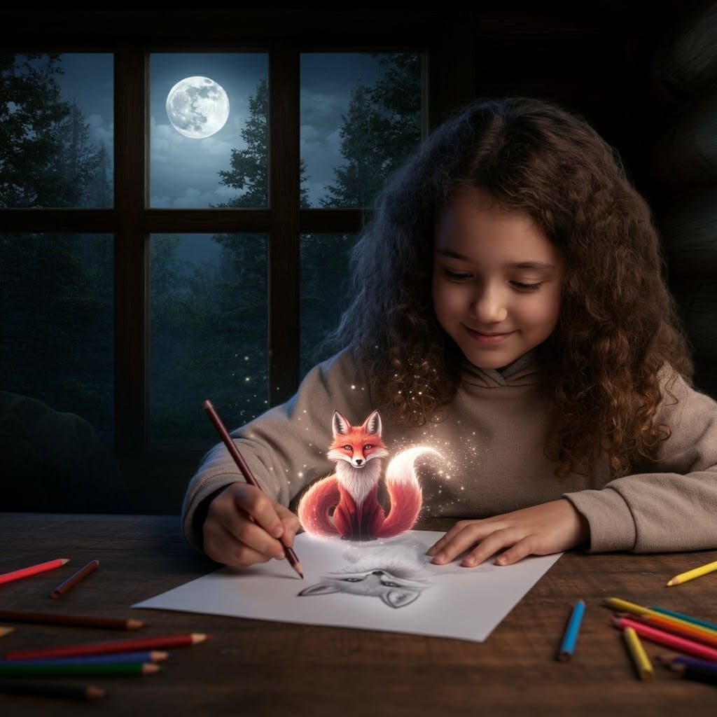 Girl Drawing Crimson Fox in Cozy Cabin