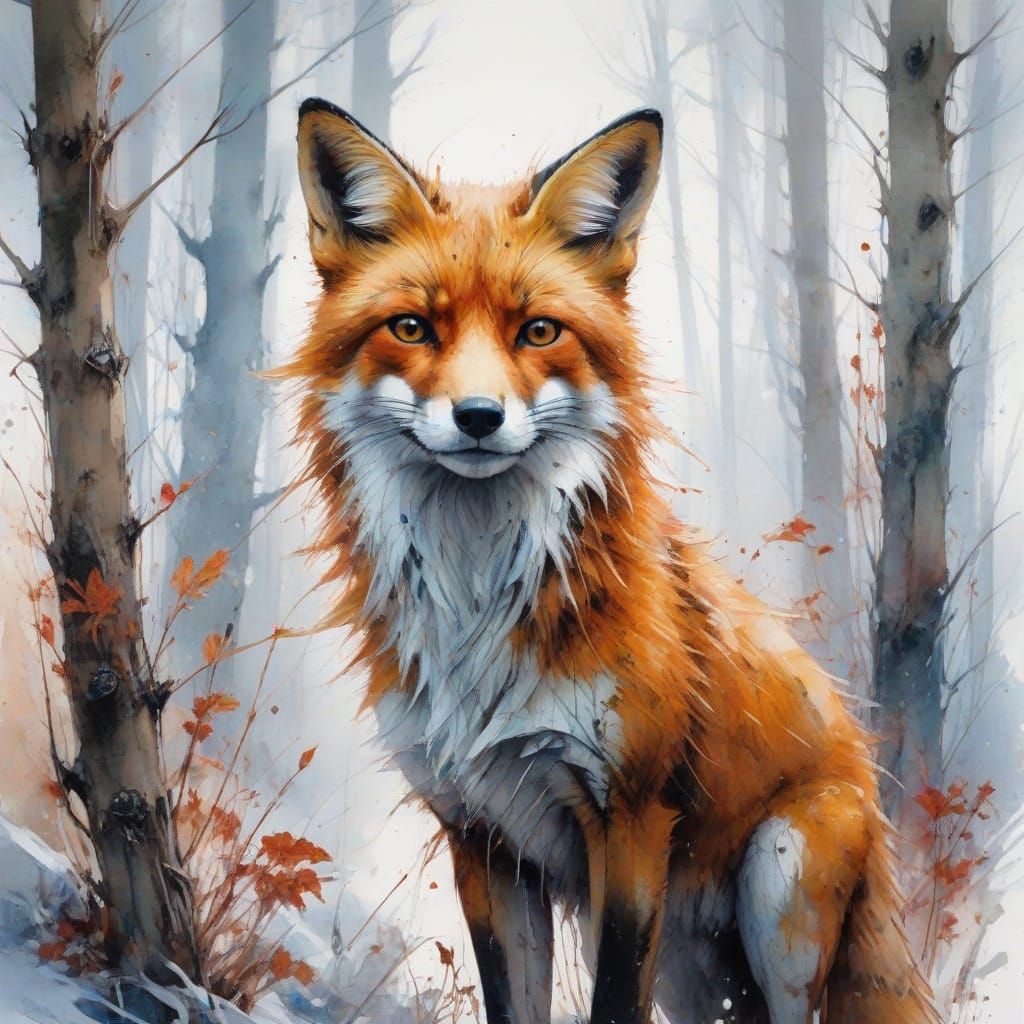 Winter Woodland Scene with Red Fox in Watercolor Style