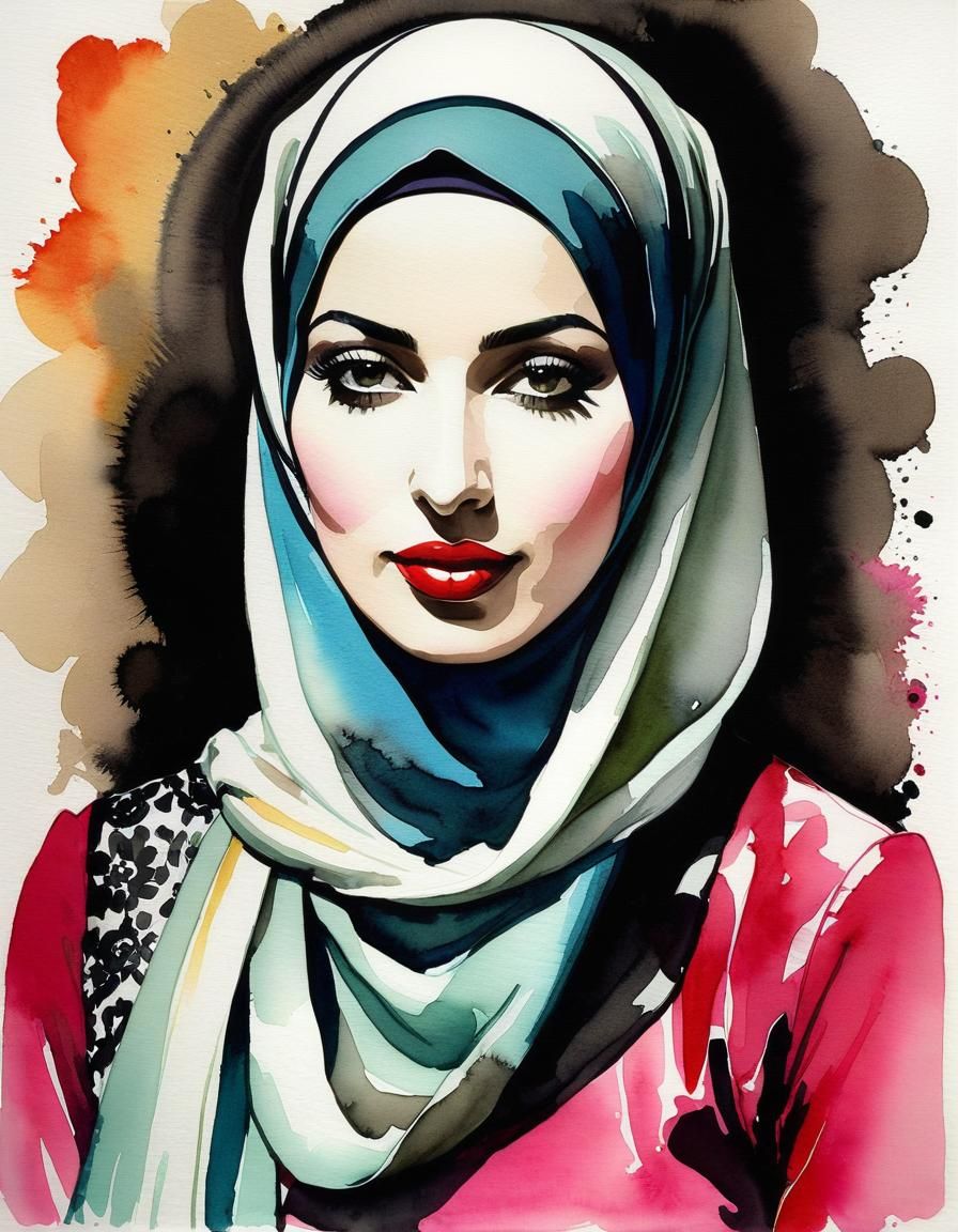 Pop Art Portrait of Hijabi Woman in Watercolor