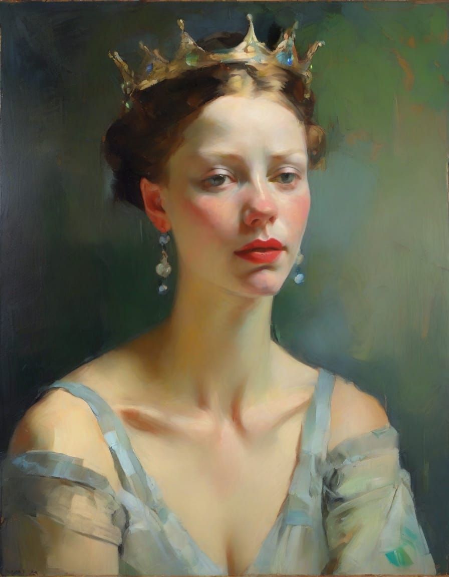 Impressionist Portrait of a Frail Noblewoman in a Jeweled Ti...