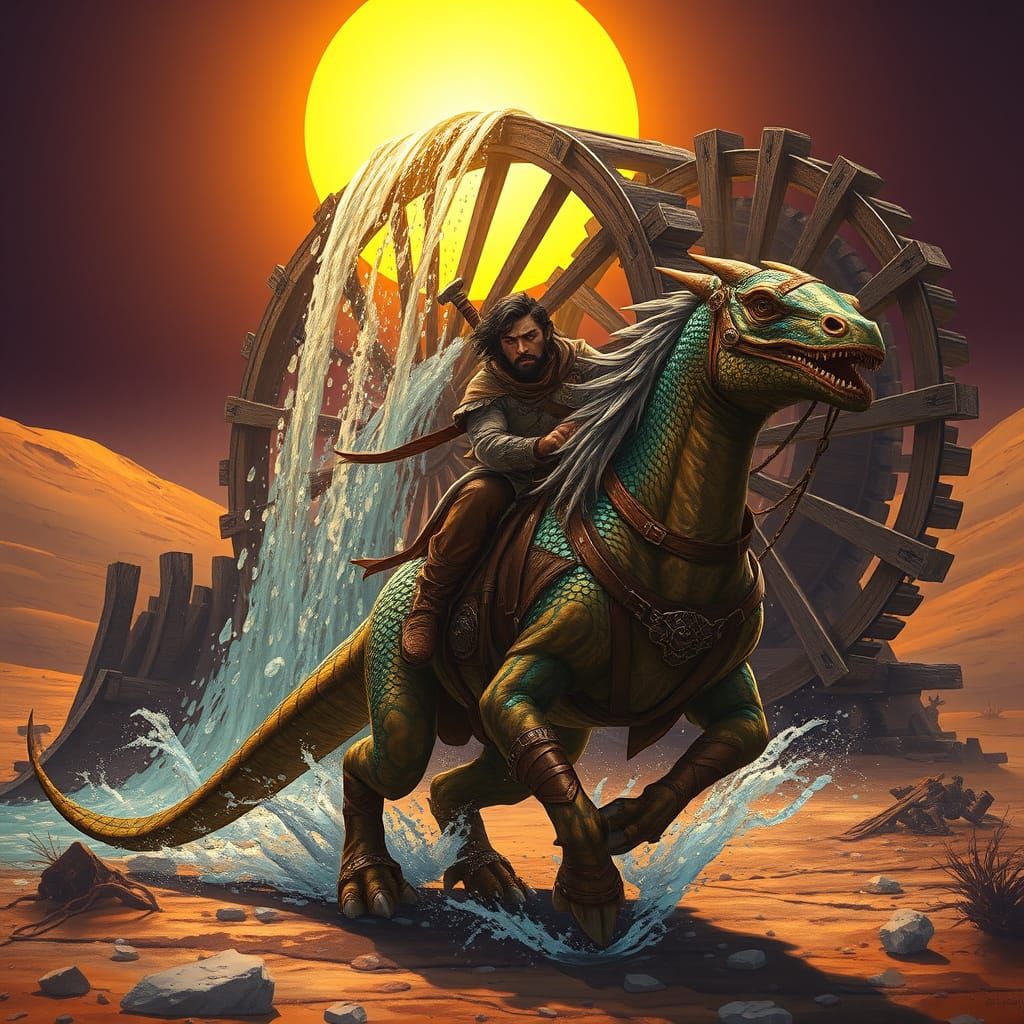 Ancient Waterwheel Revives Desert Oasis in Cyberpunk Wastela...