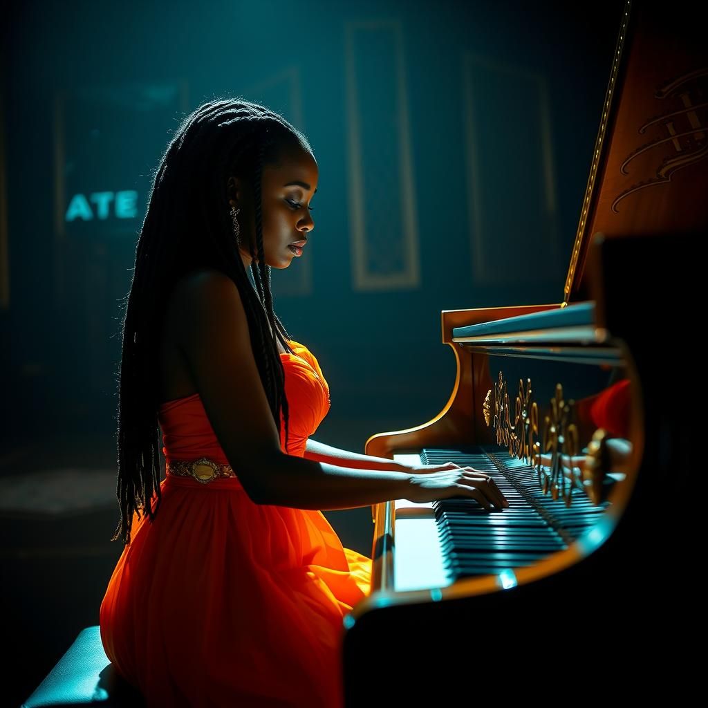 Elegant Woman at Piano: Chiaroscuro Digital Art