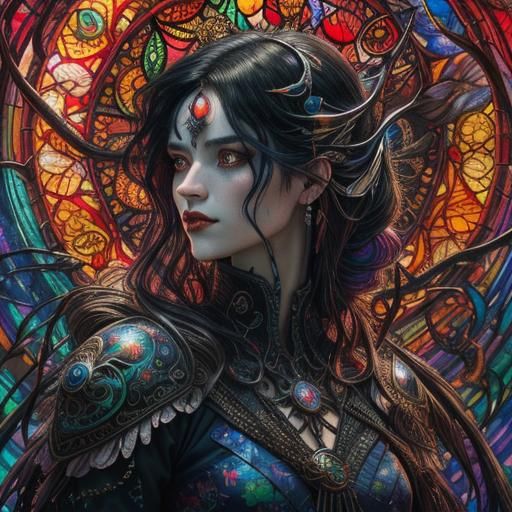 Woman with Swirling Hair in Dark Neon Universe