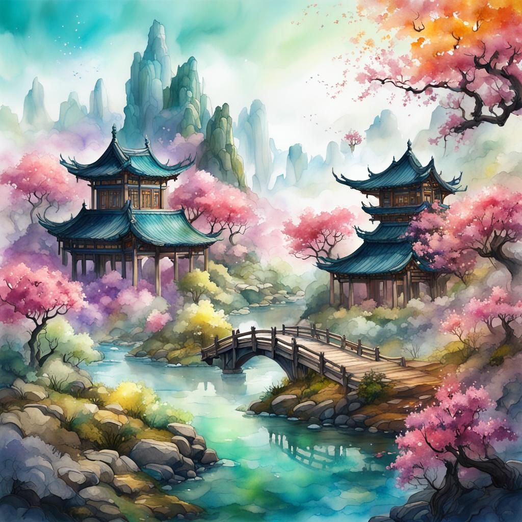 Spring watercolour Chinese landscape 2
