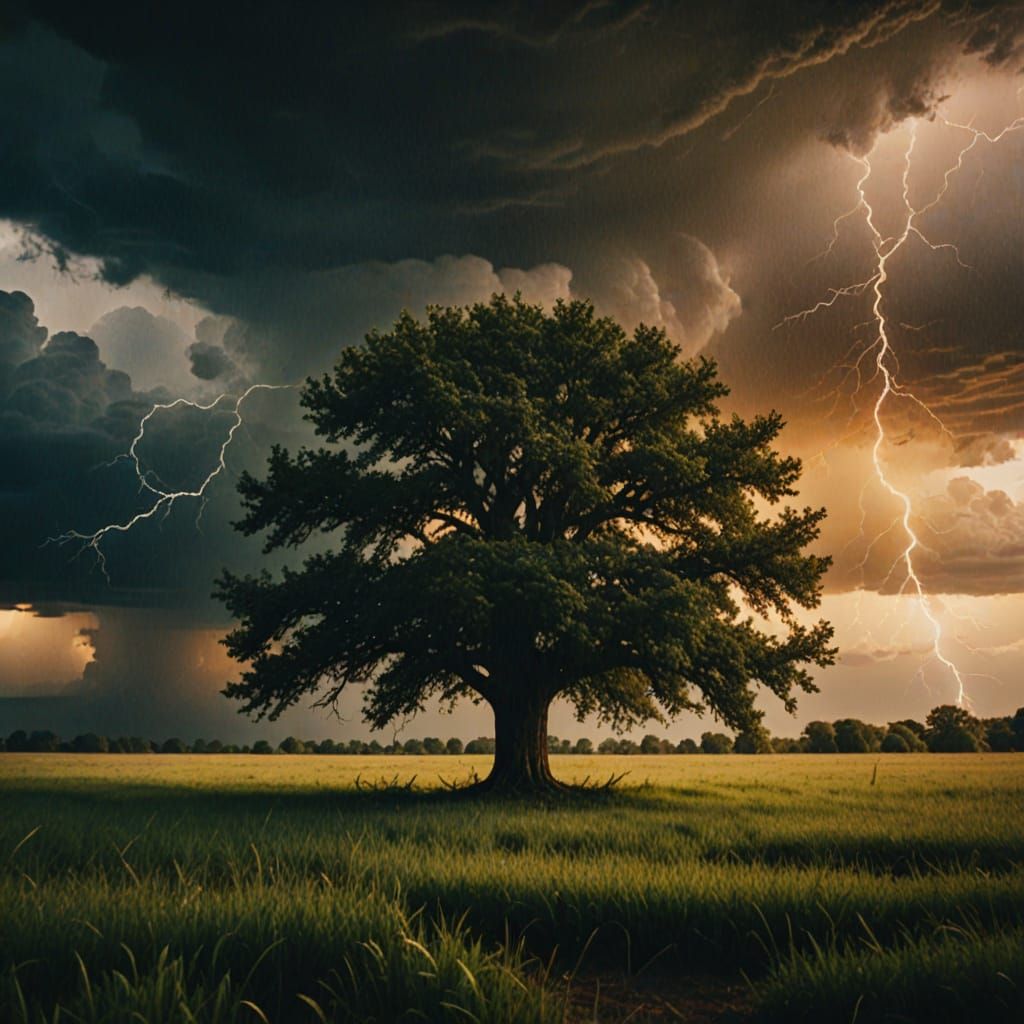 Lightning Strikes Tree in Golden Hour Field