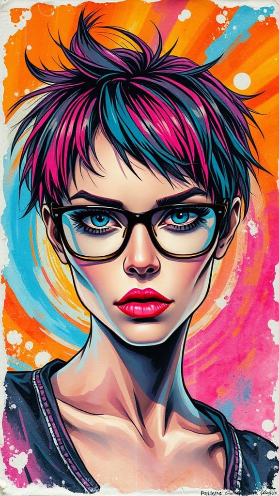 Cyberpunk Woman in Vibrant, Mixed-Media Style