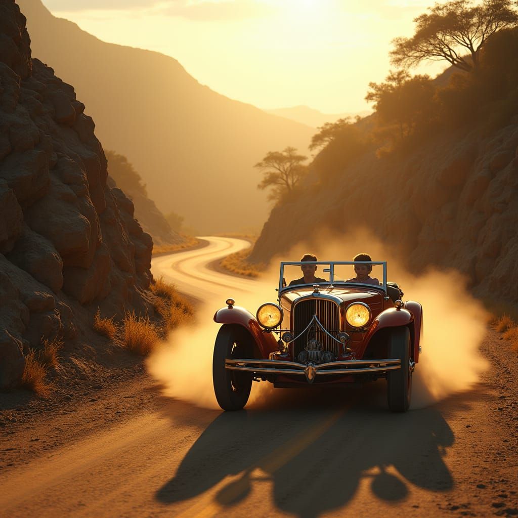 Vintage Car on Mountain Road in Golden Light